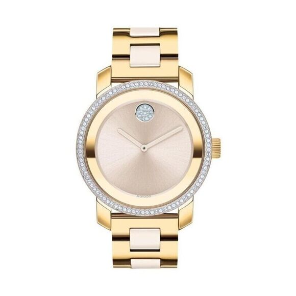 Movado Swiss Watch Yellow Gold Stainless Steel Case w/ Crystal Pave Bezel Quartz - Picture 1 of 4
